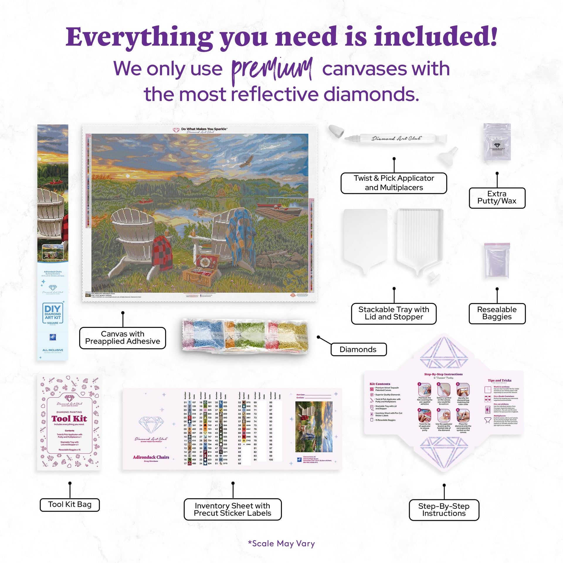 Diamond Painting Adirondack Chairs 37.8" x 27.6" (95.8cm x 69.9cm) / Square with 63 Colors including 2 ABs and 1 Frosted Diamond and 3 Fairy Dust Diamonds / 108,185