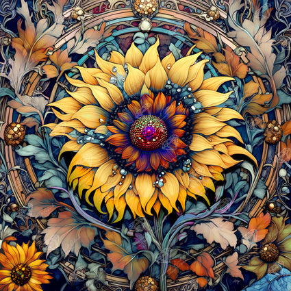 Diamond Painting Autumnal Sunflower 22" x 22" (55.6cm x 55.6cm) / Round With 77 Colors Including 3 ABs and 3 Fairy Dust Diamonds / 40,804
