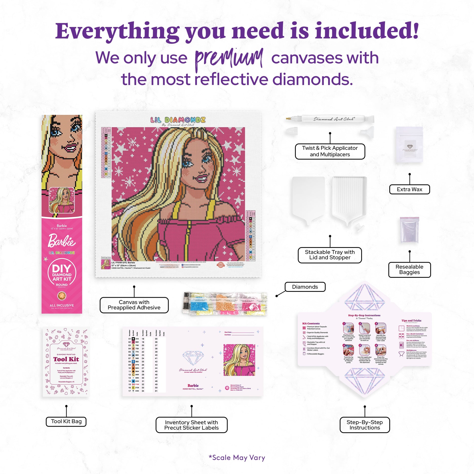 Diamond Painting Barbie™ 13" x 13" (33cm x 33cm) / Round with 17 Colors including 1 AB and 1 Special Diamond and 2 Fairy Dust Diamonds / 14,400