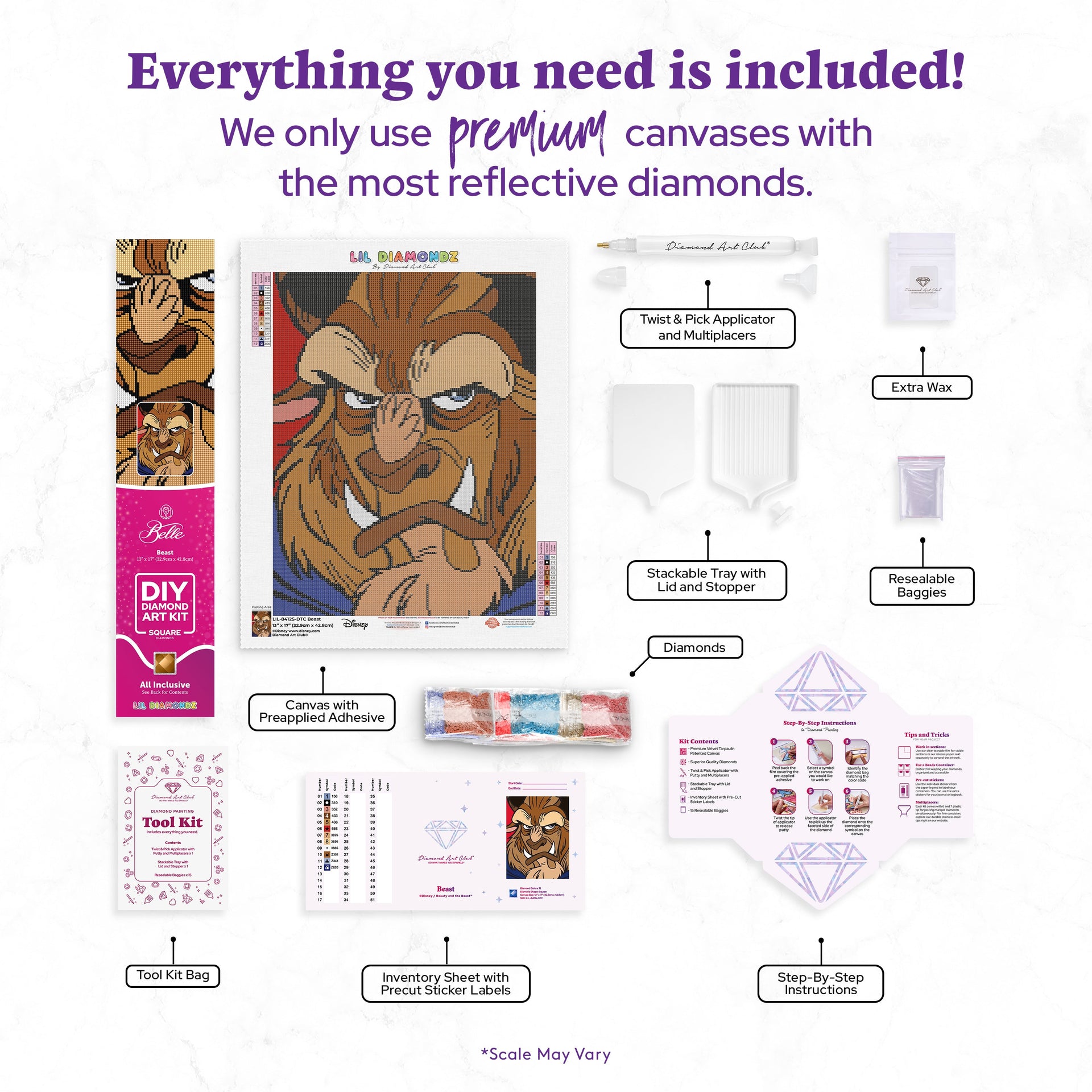 Diamond Painting Beast 13" x 17" (32.9cm x 42.8cm) / Square with 12 Colors including 3 Fairy Dust Diamonds / 22,704