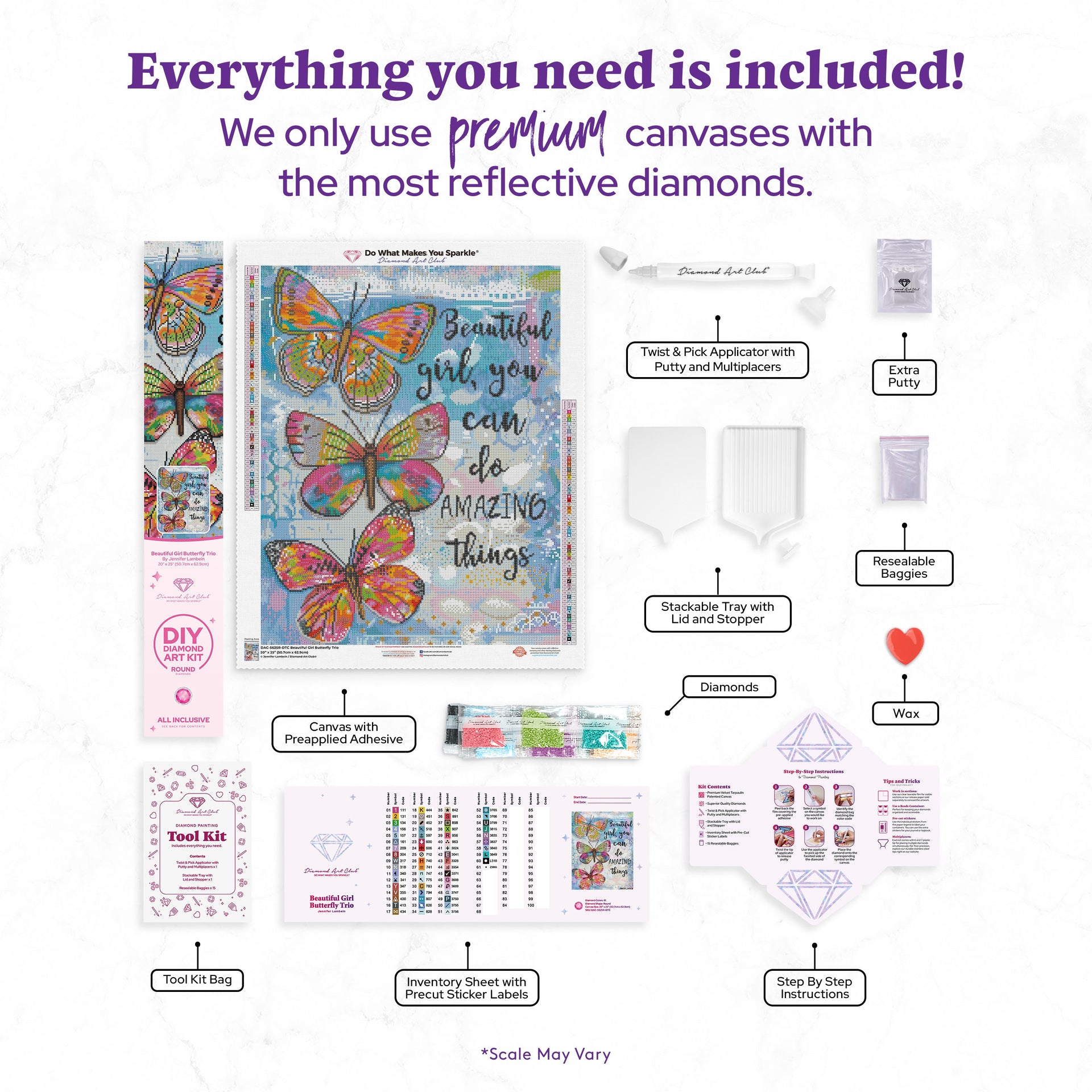 Diamond Painting Beautiful Girl Butterfly Trio 20" x 25" (50.7cm x 63.6cm) / Round with 63 colors including 3 ABs and 1 iridescent Diamonds and 1 Fairy Dust Diamonds / 41,268