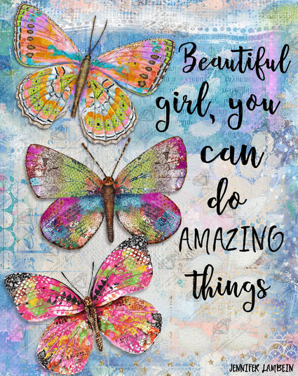 Diamond Painting Beautiful Girl Butterfly Trio 25" x 20" (63.6cm x 50.7cm) / Round with 63 colors including 3 ABs and 1 iridescent Diamonds and 1 Fairy Dust Diamonds / 41,268