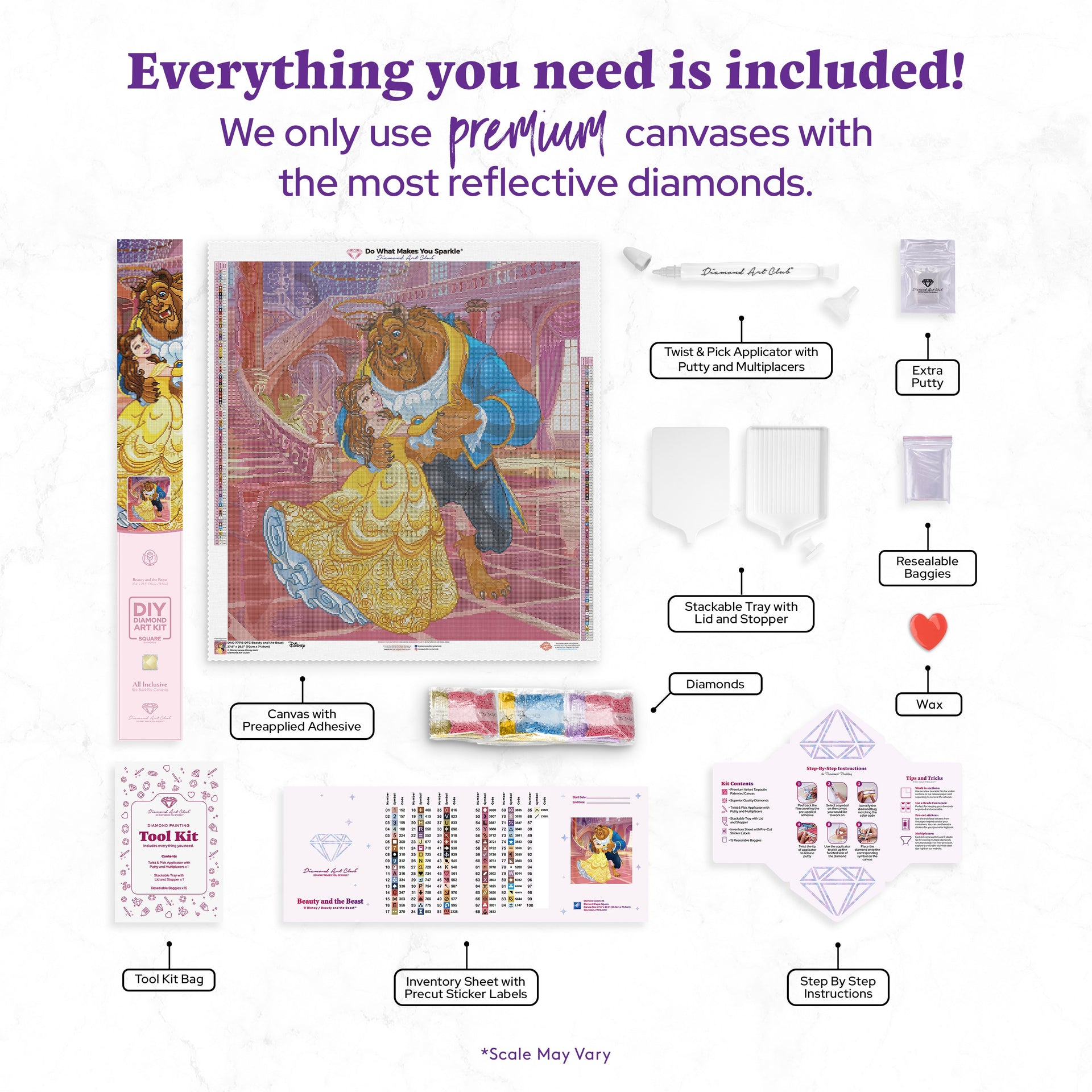 Diamond Painting Beauty and the Beast 27.6" x 29.3" (70cm x 74.9cm) / Square with 86 Colors including 2 ABs and 1 Electro Diamond and 1 Iridescent Diamond and 2 Fairy Dust Diamonds / 84,581