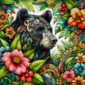 Diamond Painting Black Bear and Flowers 27.6" x 27.6" (69.9cm x 69.9cm) / Square with 63 Colors including 3 ABs and 2 Fairy Dust Diamonds / 78,961