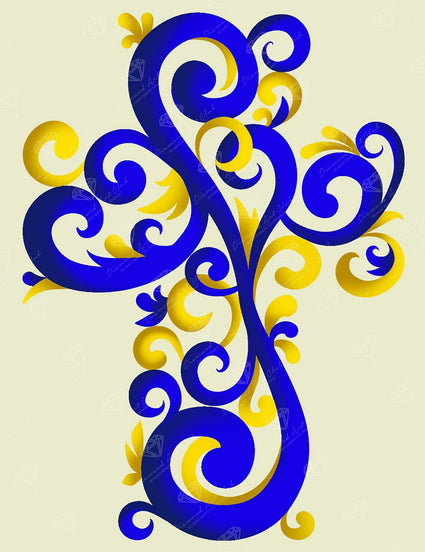 Diamond Painting Blue and Gold Ornate Cross 13" x 17" (32.8cm x 42.6cm) / Round with 9 Colors including 2 ABs Diamonds / 17,784
