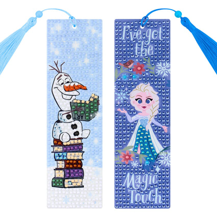 Diamond Painting Bookmarks – Winter Magic with Elsa & Olaf (Set of 2) 2" x 7" (5cm x 17.8cm) / Round with 14 Colors including 2 ABs and 2 Iridescent Diamonds and 6 Fairy Dust Diamonds / 1,000