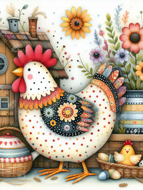 Diamond Painting Calico Chicken 22" x 29" (55.6cm x 73.7cm) / Round with 71 Colors including 3 ABs and 3 Fairy Dust Diamonds / 54,136