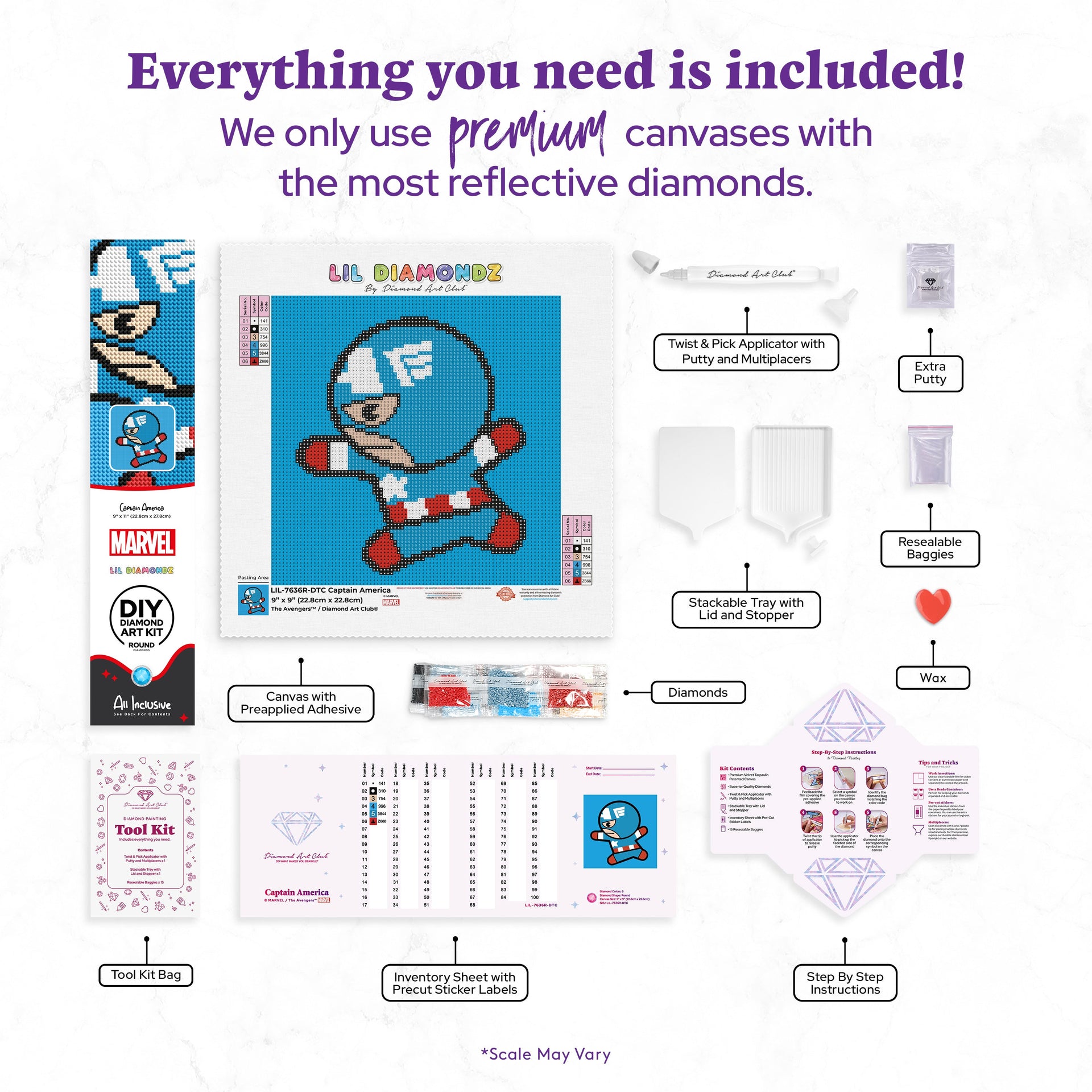 Diamond Painting Captain America 9" x 9" (22.8cm x 22.8cm) / Round with 6 Colors including 1 AB and 1 Fairy Dust Diamond / 6,889