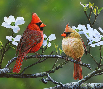 Diamond Painting Cardinals and Dogwood 25" x 22" (63.8cm x 55.6cm) / Round With 55 Colors Including 1 AB and 5 Fairy Dust Diamonds / 46,864
