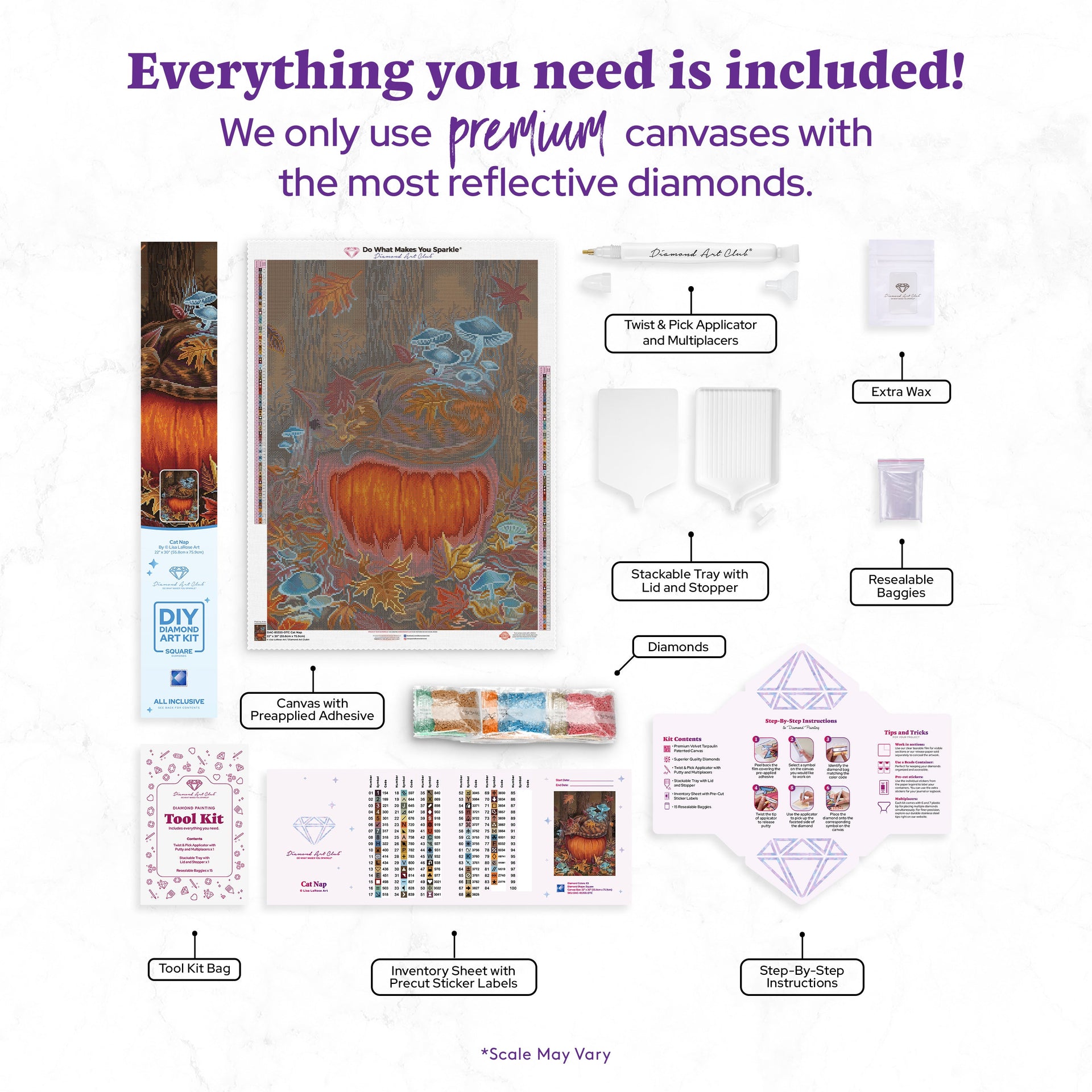 Diamond Painting Cat Nap 22" x 30" (55.8cm x 75.9cm) / Square with 83 Colors including 2 ABs and 1 Frosted Diamond and 2 Fairy Dust Diamonds / 68,320