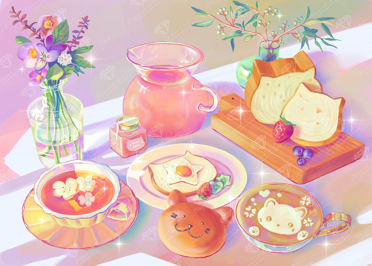 Diamond Painting Cat Sandwich Party 28" x 20" (70.7cm x 50.6cm) / Round With 71 Colors Including 2 ABs and 4 Fairy Dust Diamonds / 47,288