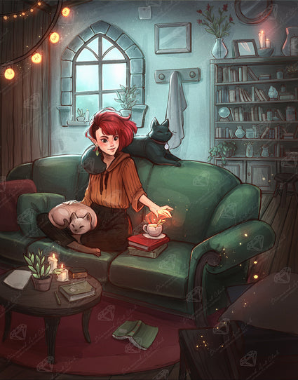 Diamond Painting Cats, Candles and Tea 25.6" x 32.7" (65cm x 82.9cm) / Square with 86 Colors including 3 ABs and 1 Frosted Diamond and 3 Fairy Dust Diamonds / 86,913