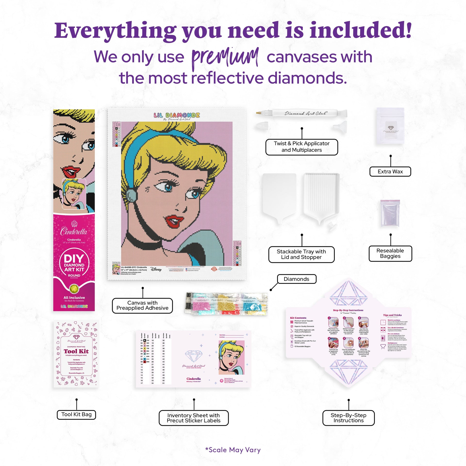 Diamond Painting Cinderella 13" x 17" (33cm x 42.7cm) / Round with 9 Colors including 1 AB and 1 Fairy Dust Diamond / 18,600