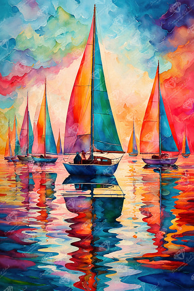 Diamond Painting Colorful Sailboats 20" x 30" (50.6cm x 76cm) / Round with 87 Colors including 2 ABs and 3 Fairy Dust Diamonds / 50,784