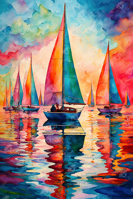 Diamond Painting Colorful Sailboats 20" x 30" (50.6cm x 76cm) / Round with 87 Colors including 2 ABs and 3 Fairy Dust Diamonds / 50,784
