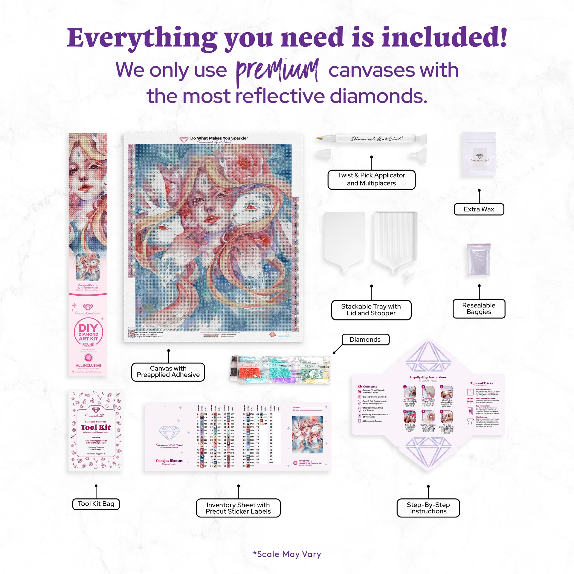 Diamond Painting Conejos Blancos 22" x 26" (55.6cm x 66.3cm) / Round with 72 Colors including 3 ABs and 2 Fairy Dust Diamonds / 48,682