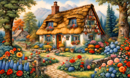 Diamond Painting Cozy Thatched Cottage in Bloom 42.5" x 25.6" (107.8cm x 65cm) / Square with 68 Colors including 2 ABs and 3 Fairy Dust Diamonds / 113,013
