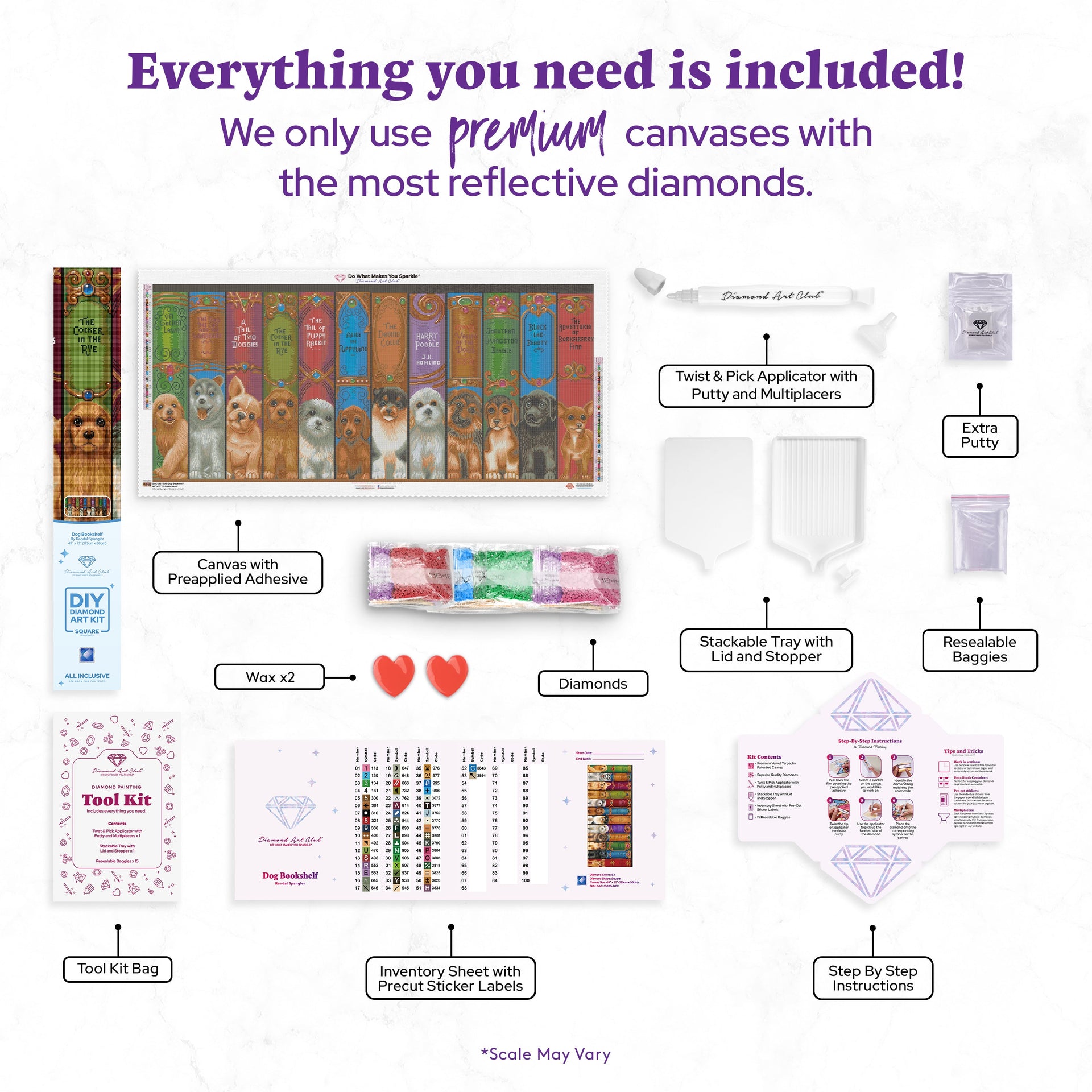 Diamond Painting Dog Bookshelf 49" x 22" (125cm x 56cm) / Square with 53 Colors including 4 ABs / 112,224