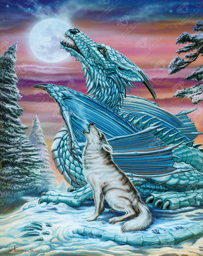 Diamond Painting Dragon Wolf Moon (Moon Song) 27.6" x 34.7" (70cm x 88cm) / Square with 62 Colors including 4 ABs / 96,673
