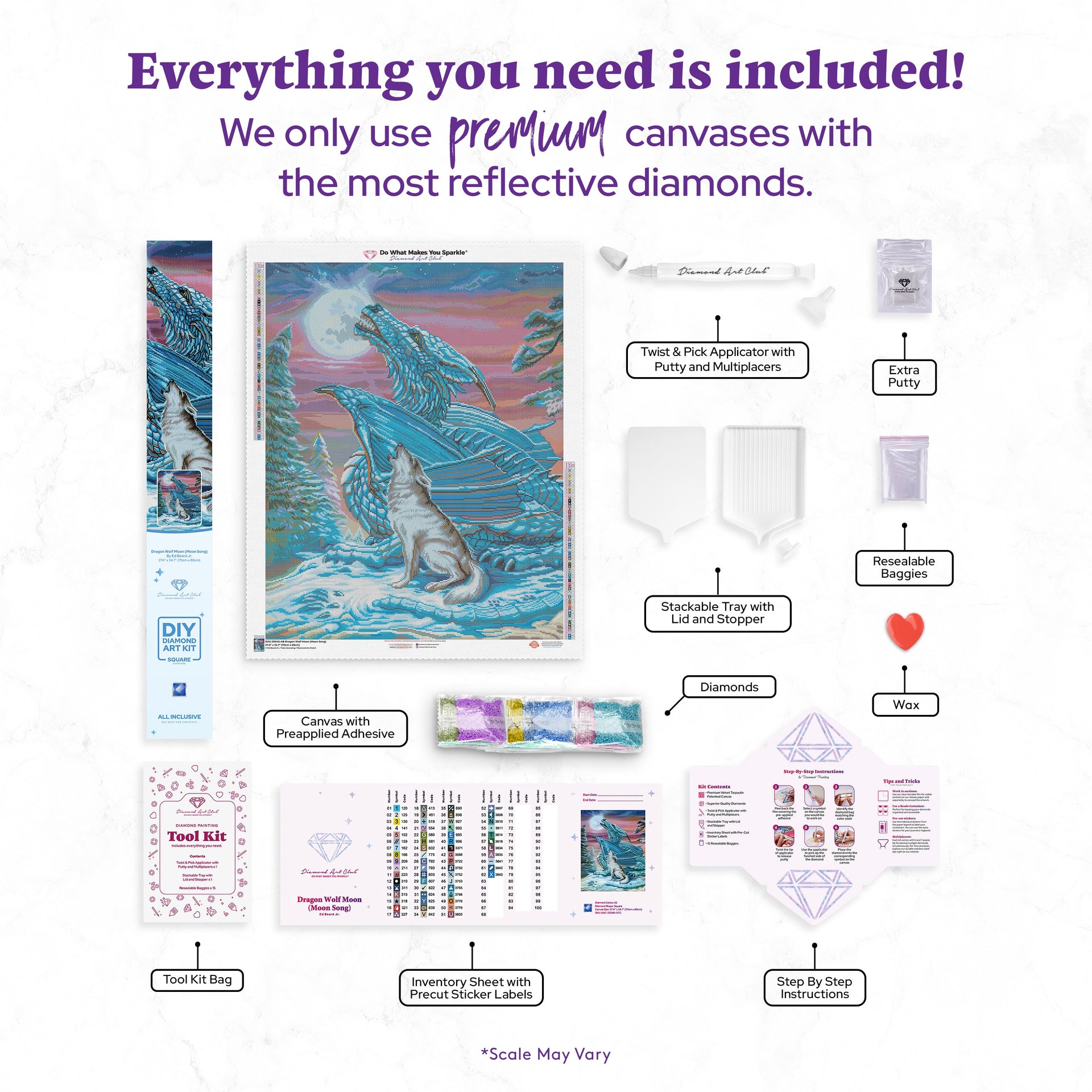 Diamond Painting Dragon Wolf Moon (Moon Song) 27.6" x 34.7" (70cm x 88cm) / Square with 62 Colors including 4 ABs / 96,673