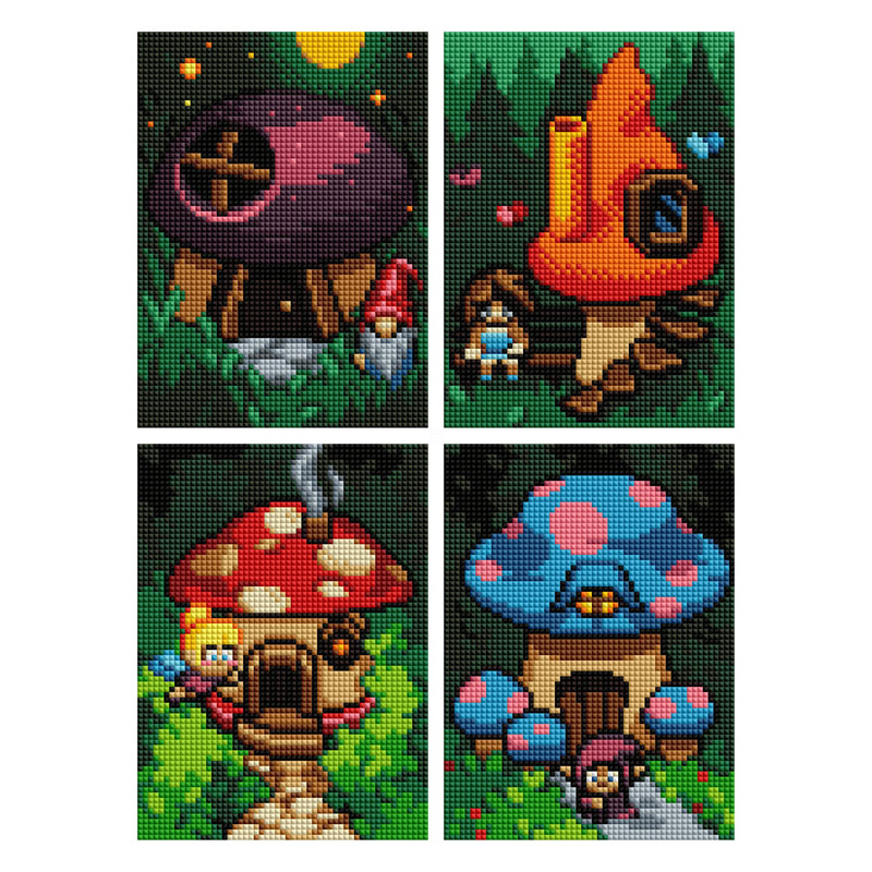 Diamond Painting Enchanted Mushroom Houses - MEGA Dazzles™ 8" x 10" (20.3cm x 25.4cm) / Square With 28 Colors Including 2 ABs and 1 Iridescent Diamond and 25 Fairy Dust Diamonds / 16,500
