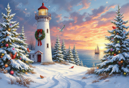 Diamond Painting Festive Lighthouse 37.4" x 25.6" (94.8cm x 65cm) / Square with 60 Colors including 3 ABs and 5 Fairy Dust Diamonds / 99,441