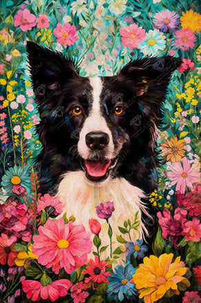 Diamond Painting Florence the Flowered Border Collie 22" x 33" (55.6cm x 83.7cm) / Round with 86 Colors including 1 ABs and 4 Fairy Dust Diamonds / 61,408