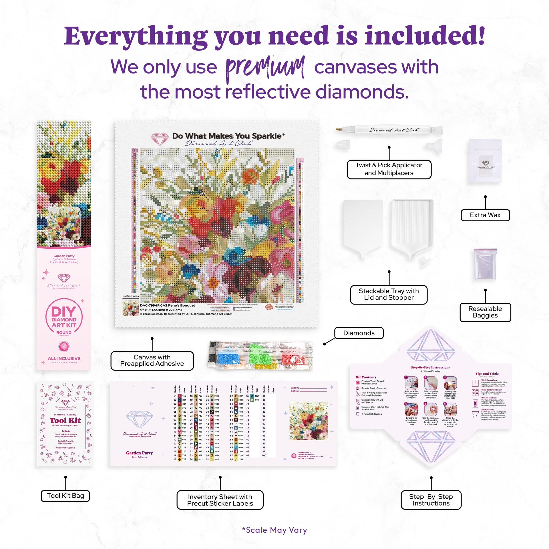 Diamond Painting Garden Party 9" x 9" (22.8cm x 22.8cm) / Round with 70 Colors including 3 ABs and 5 Fairy Dust Diamonds / 6,889