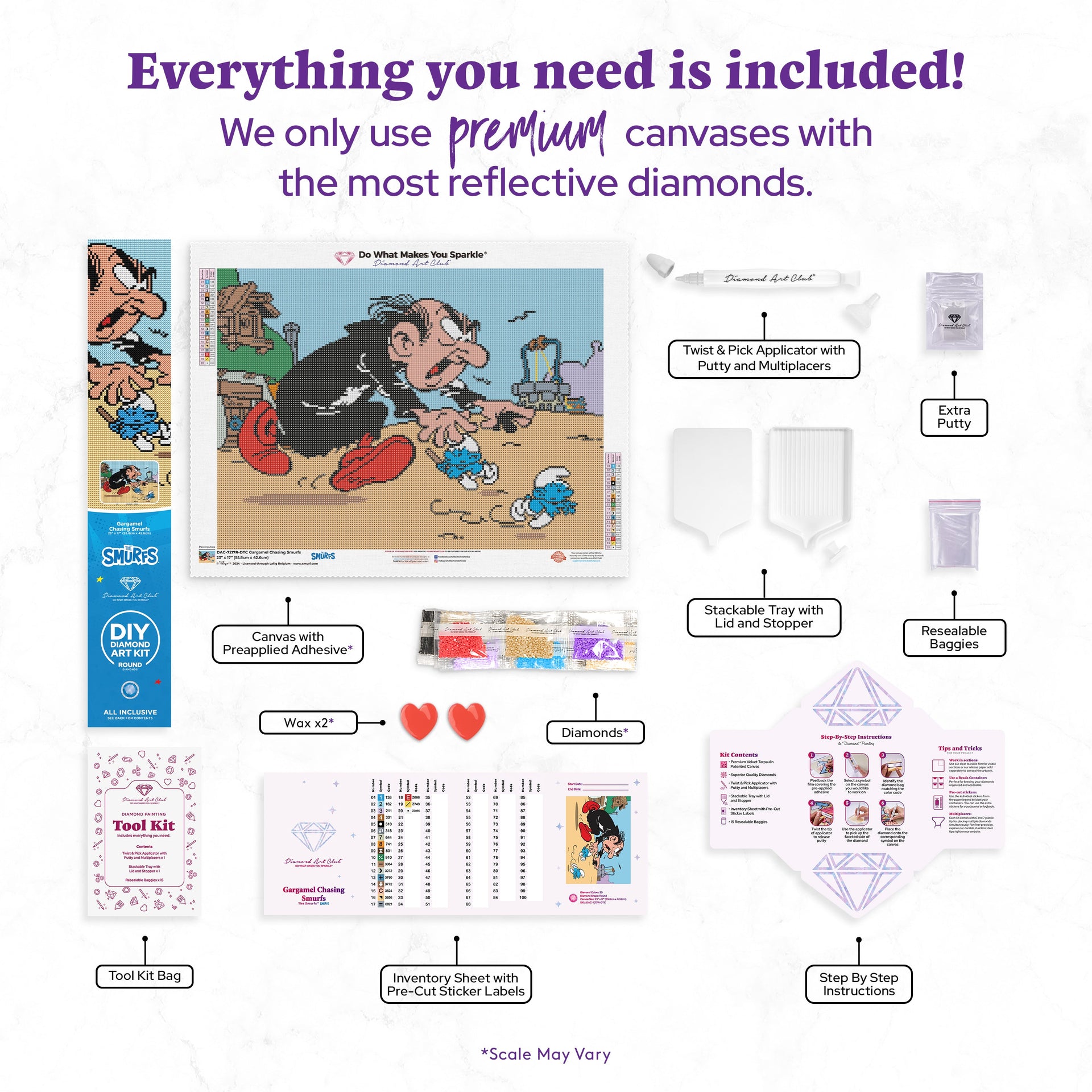 Diamond Painting Gargamel Chasing Smurfs™ 23" x 17" (55.8cm x 42.6cm) / Round with 20 Colors including 1 AB and 3 Fairy Dust Diamonds / 31,920