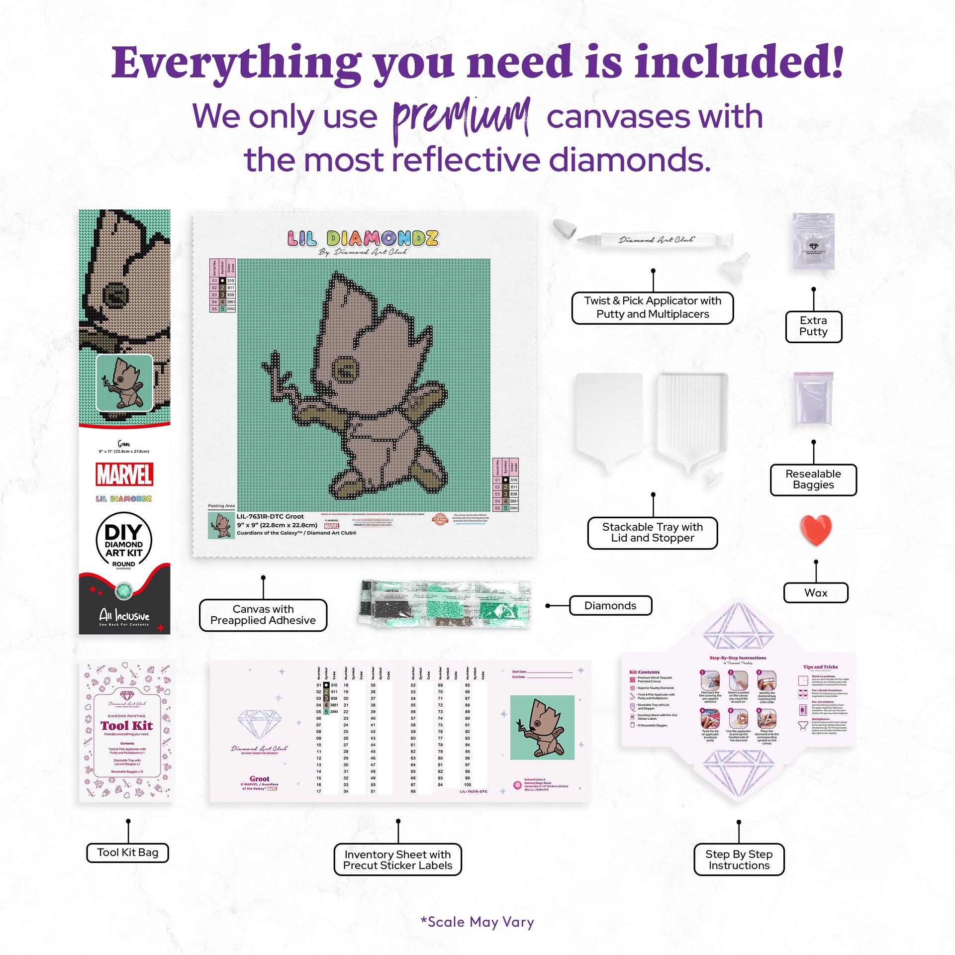 Diamond Painting Groot 9" x 9" (22.8cm x 22.8cm) / Round with 5 Colors including 1 Fairy Dust Diamond / 6,889