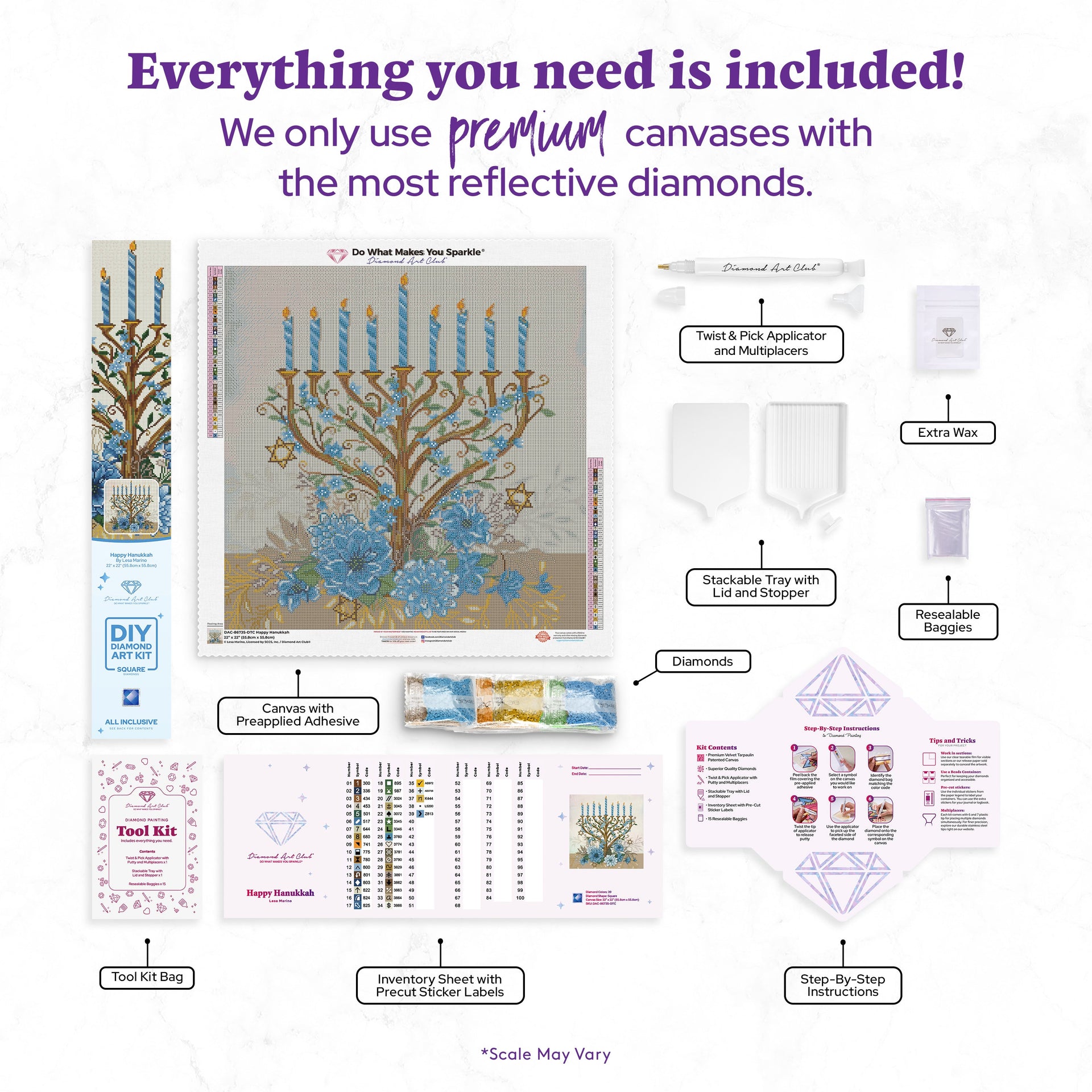 Diamond Painting Happy Hanukkah 22" x 22" (55.8cm x 55.8cm) / Square with 39 Colors including 2 ABs and 1 Electro Diamond and 1 Iridescent Diamond and 1 Fairy Dust Diamond / 50,176