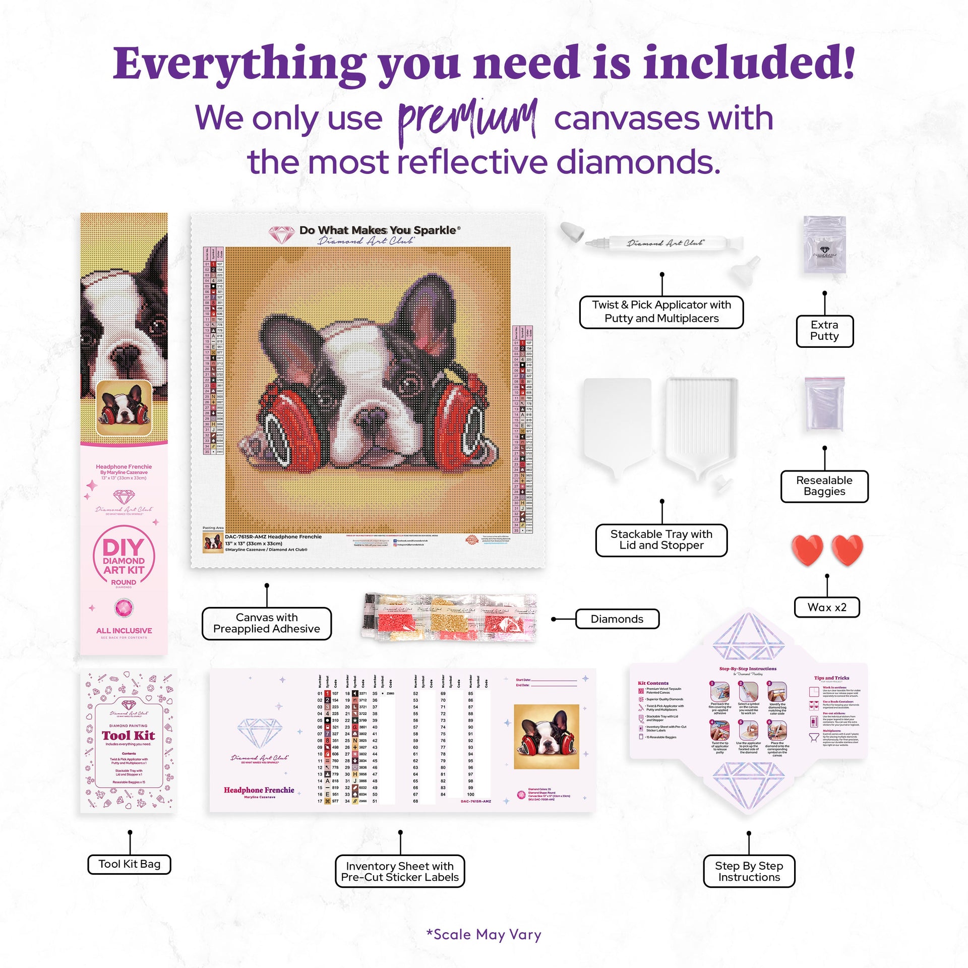 Diamond Painting Headphone Frenchie 13" x 13" (33cm x 33cm) / Round with 35 Colors including 1 AB and 2 Fairy Dust Diamonds / 14,400