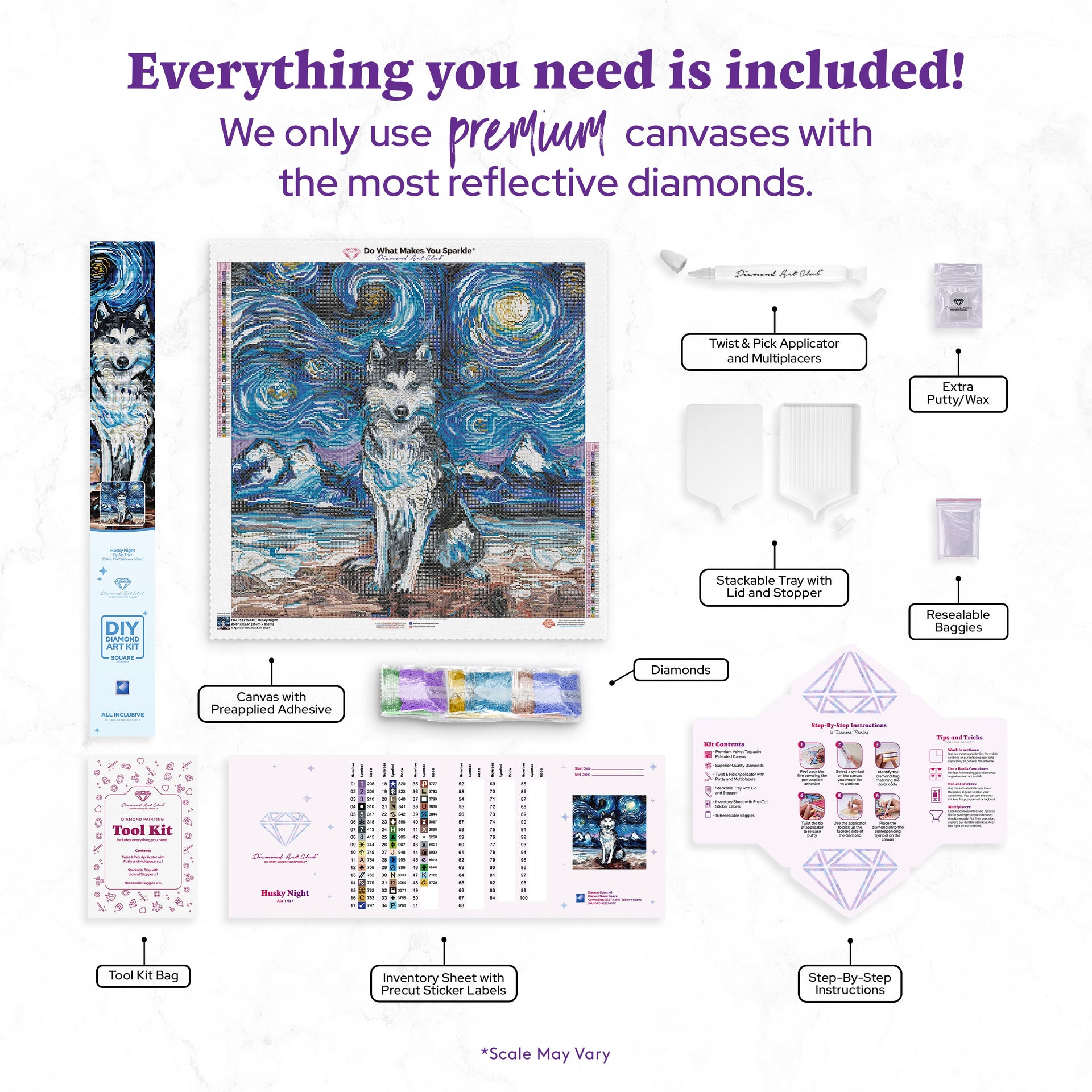 Diamond Painting Husky Night 25.6" x 25.6" (65cm x 65cm) / Square with 48 Colors including 2 ABs and 2 Fairy Dust Diamonds / 68,121