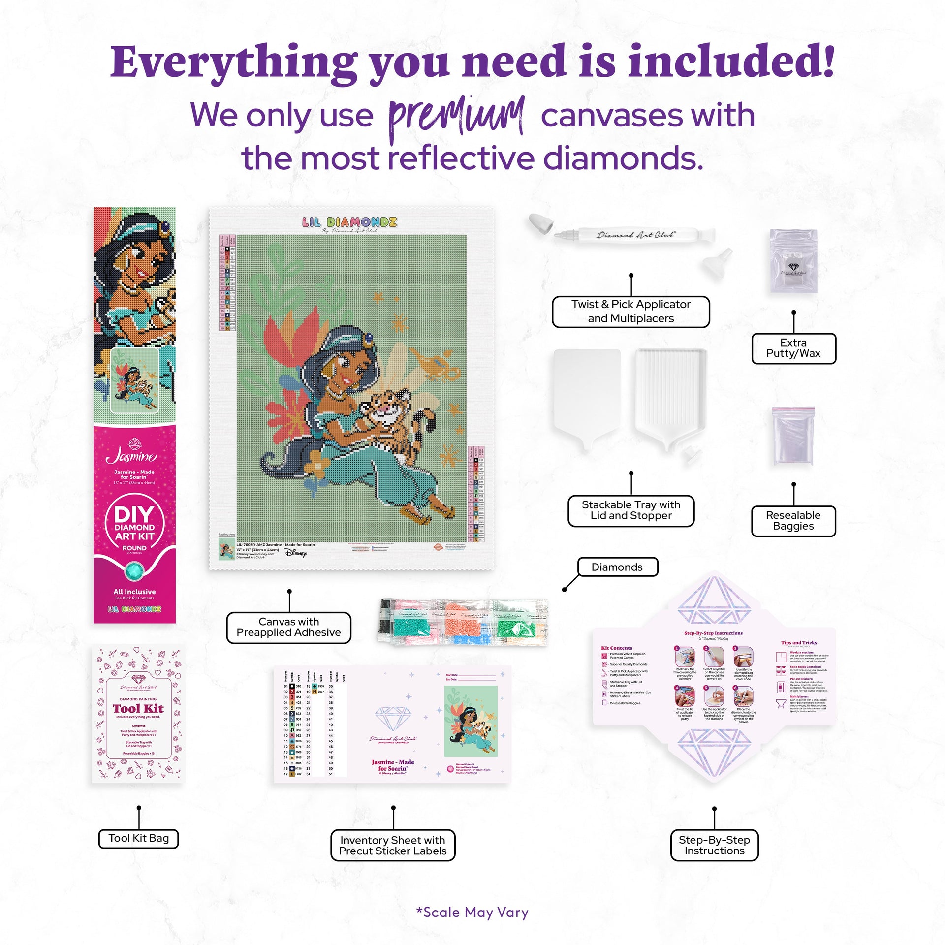 Diamond Painting Jasmine - Made for Soarin' 13" x 17" (33cm x 44cm) / Round with 19 Colors including 1 Electro Diamond and 1 Iridescent Diamond and 2 Fairy Dust Diamonds / 19,200