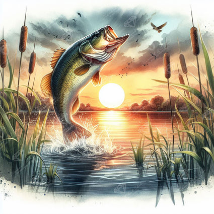 Diamond Painting Jumping Lake Bass 22" x 22" (55.8cm x 55.8cm) / Square with 50 Colors including 2 ABs and 3 Fairy Dust Diamonds / 50,176