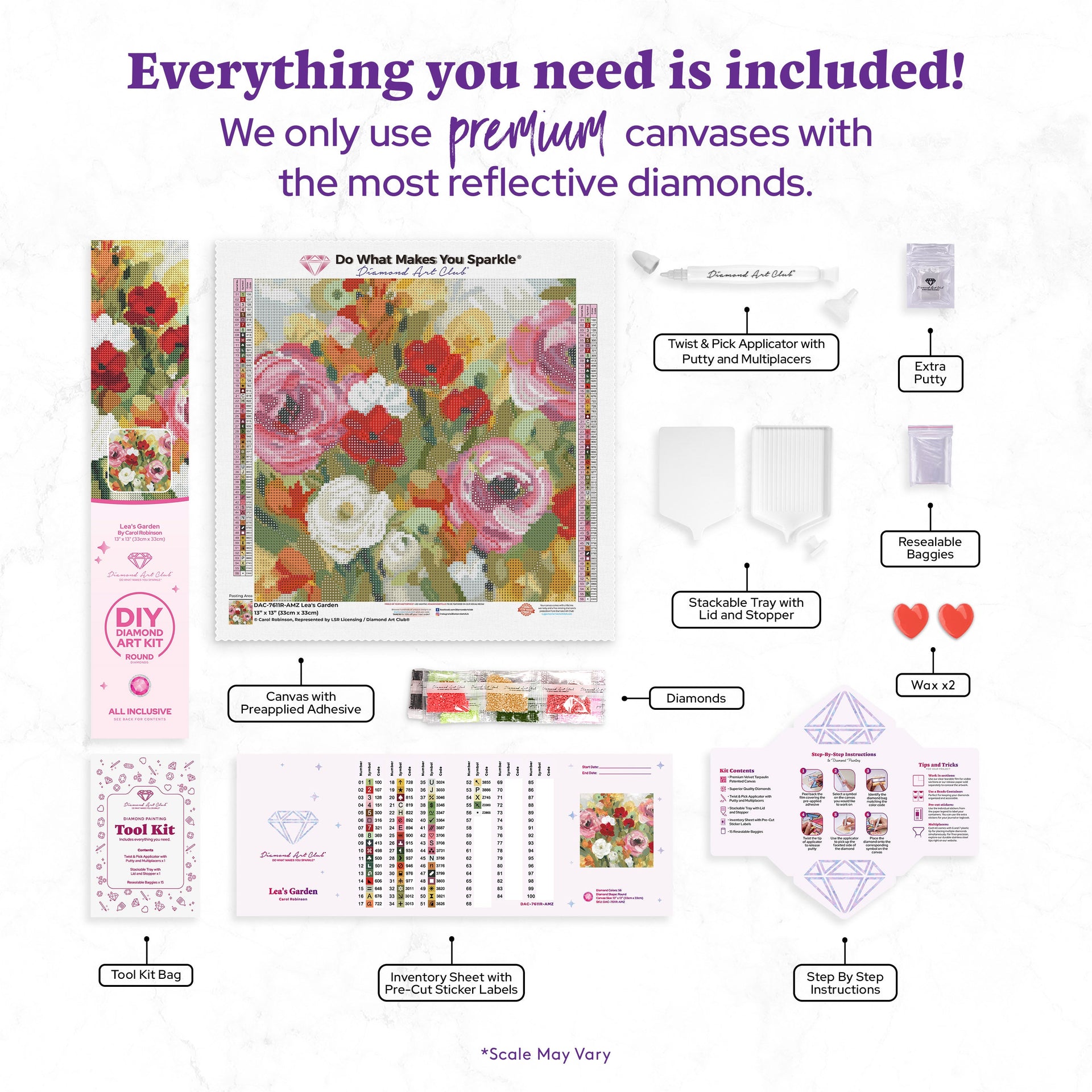 Diamond Painting Lea's Garden 13" x 13" (33cm x 33cm) / Round with 56 Colors including 3 ABs and 3 Fairy Dust Diamonds / 14,400