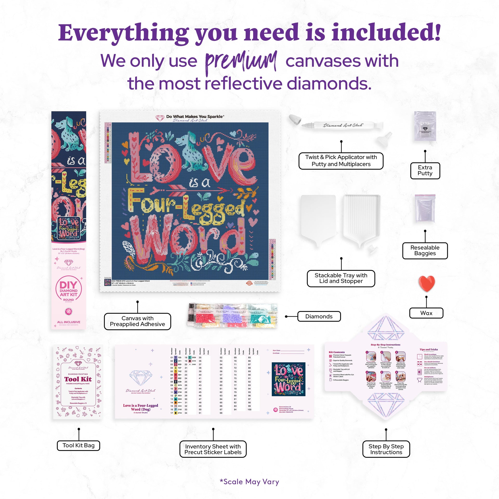 Diamond Painting Love is a Four-Legged Word (Dog) 22" x 22" (55.6cm x 55.6cm) / Round with 20 Colors including 2 ABs and 5 Fairy Dust Diamonds / 40,804