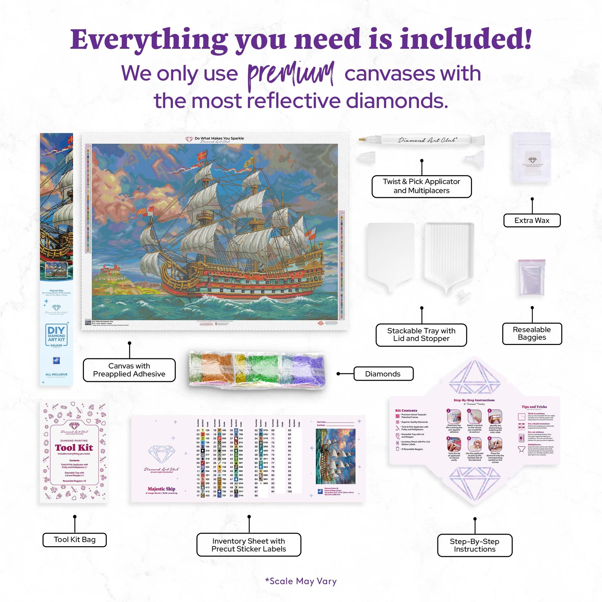 Diamond Painting Majestic Ship 38.6" x 27.6″ (98cm x 70cm) / Square with 65 Colors including 4 ABs / 107,473