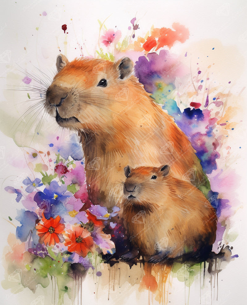 Diamond Painting Mama & Mini Capybara 13" x 16" (33cm x 40.7cm) / Round With 69 Colors Including 2 ABs and 3 Fairy Dust Diamonds / 17,760