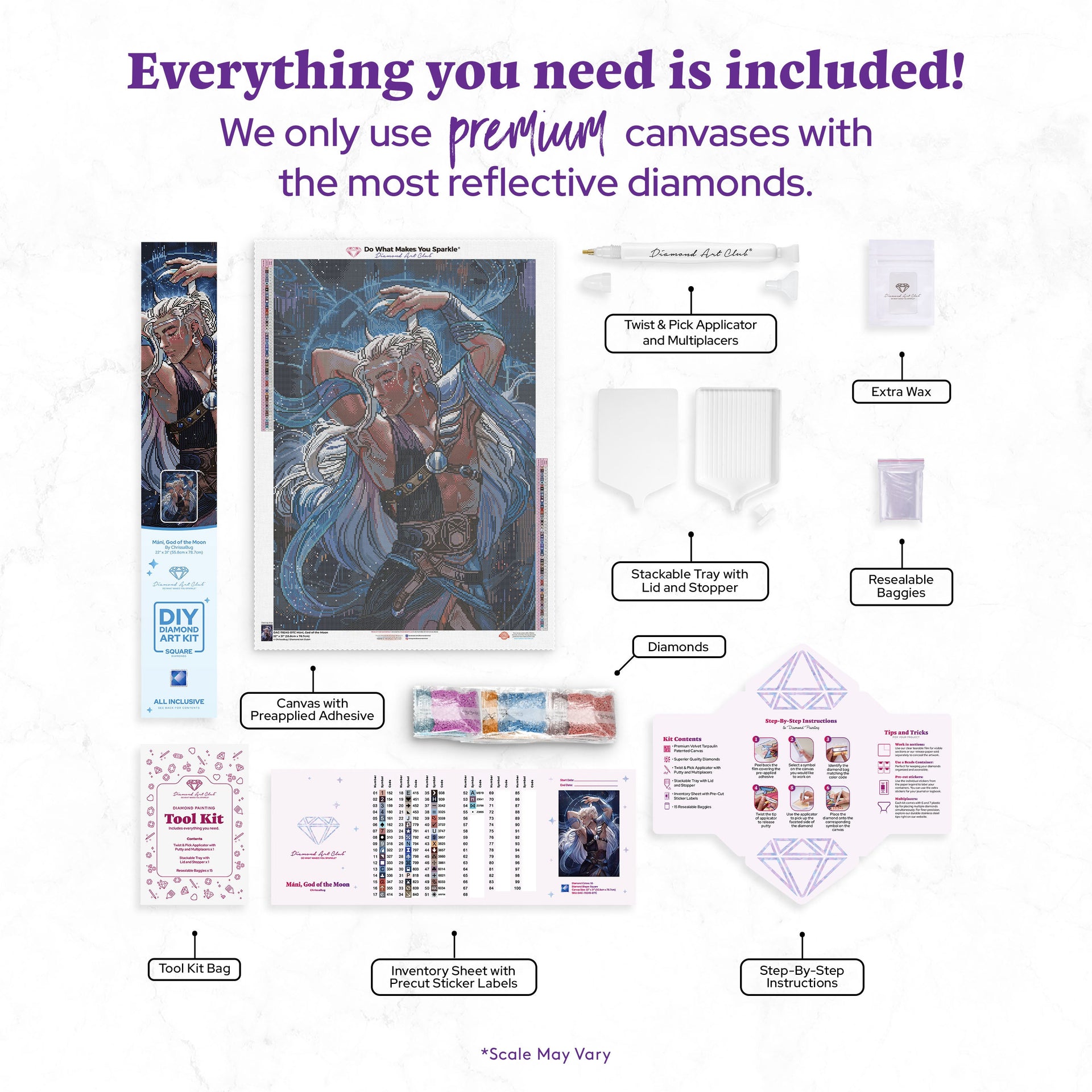 Diamond Painting Máni, God of the Moon 22" x 31" (55.8cm x 78.7cm) / Square with 55 Colors including 1 AB and 1 Frosted Diamond and 3 Fairy Dust Diamonds / 70,784