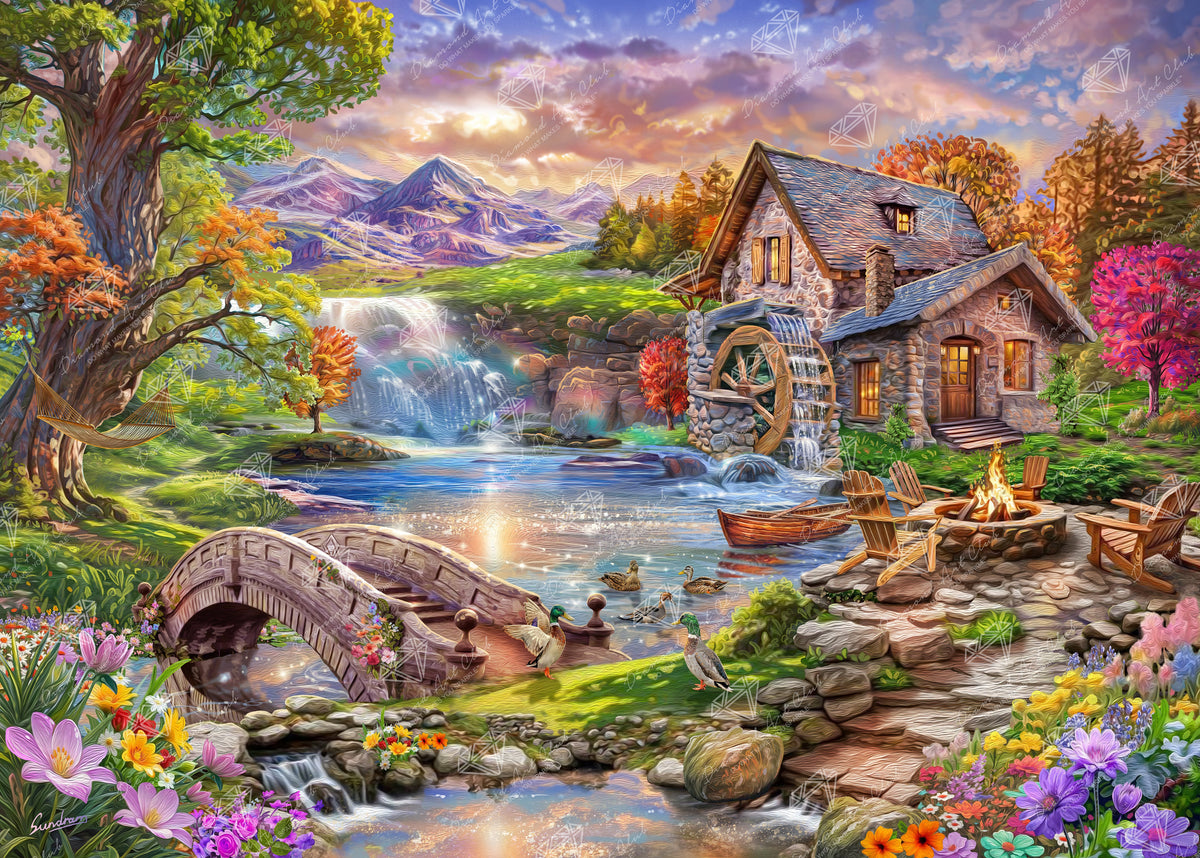 Diamond Painting Mill Pond Sanctuary 38.5" x 27.6" (97.8cm x 69.9cm) / Square with 67 Colors including 5 ABs and 2 Fairy Dust Diamonds / 110,433