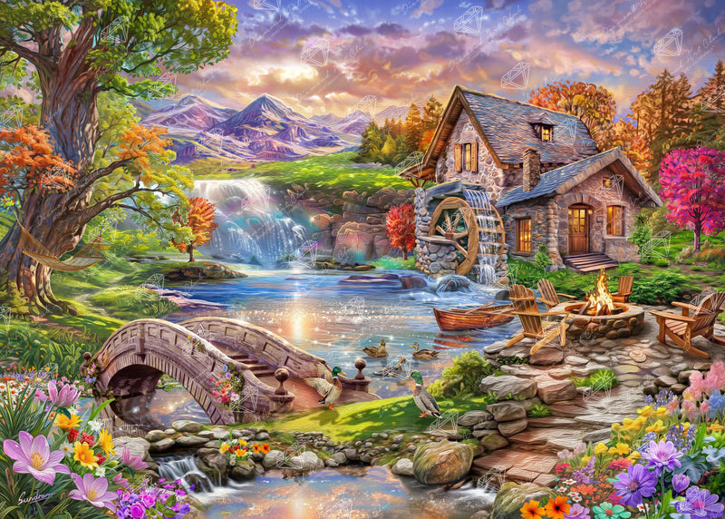 Diamond Painting Mill Pond Sanctuary 38.5" x 27.6" (97.8cm x 69.9cm) / Square with 67 Colors including 5 ABs and 2 Fairy Dust Diamonds / 110,433