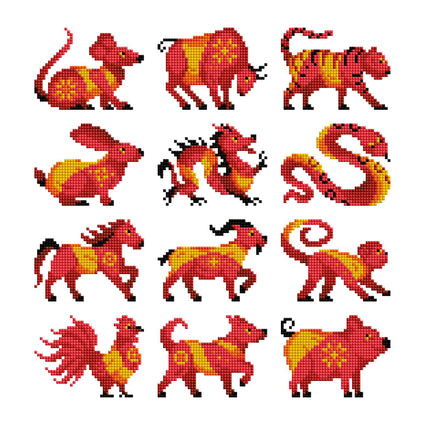 Diamond Painting Mini Dazzles™ - Chinese Zodiac 4" x 6" (10.2cm x 15.2cm) / Square With 8 Colors Including 1 AB and 7 Fairy Dust Diamonds / 7,414