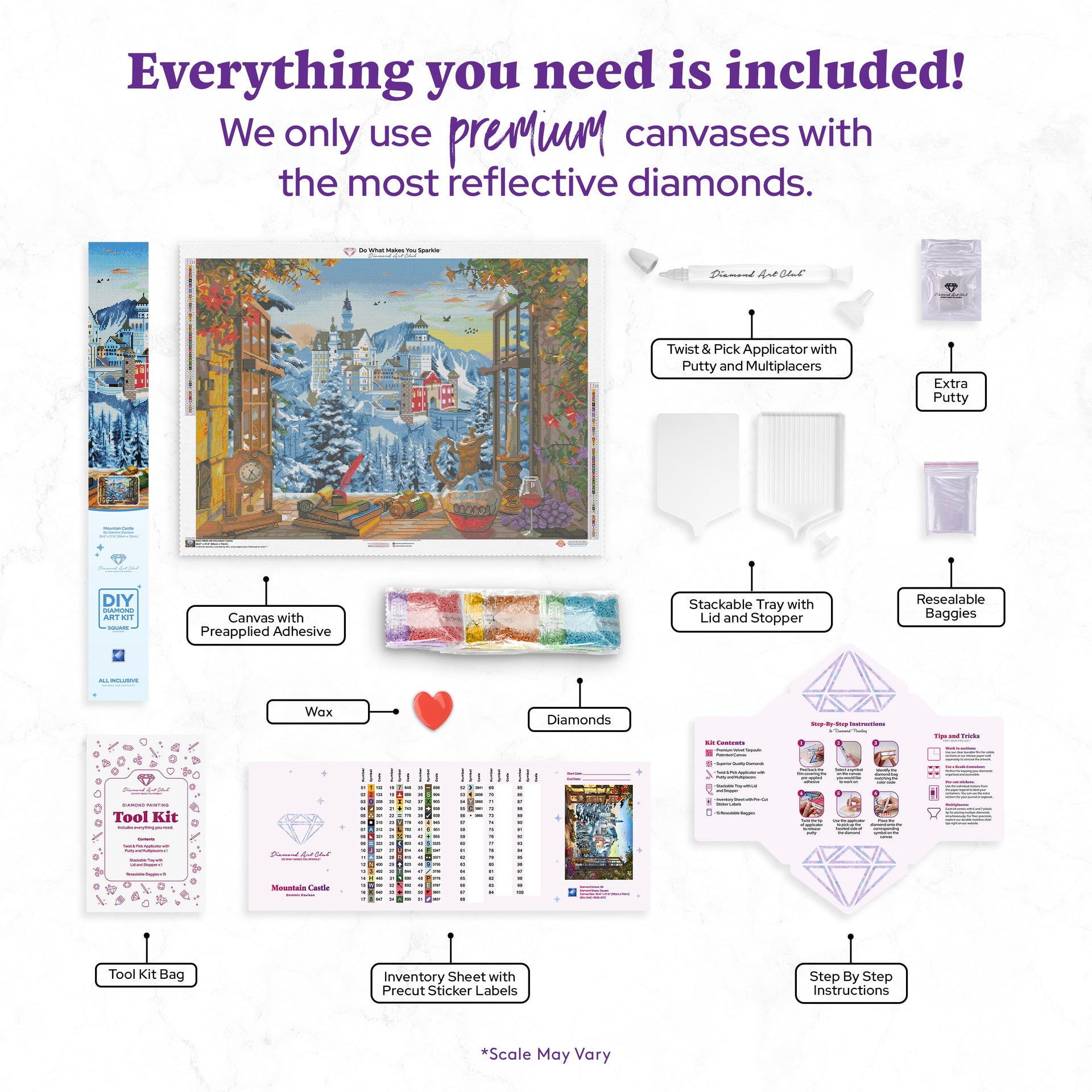 Diamond Painting Mountain Castle 38.6" x 27.6″ (98cm x 70cm) / Square with 56 Colors including 2 ABs / 107,476