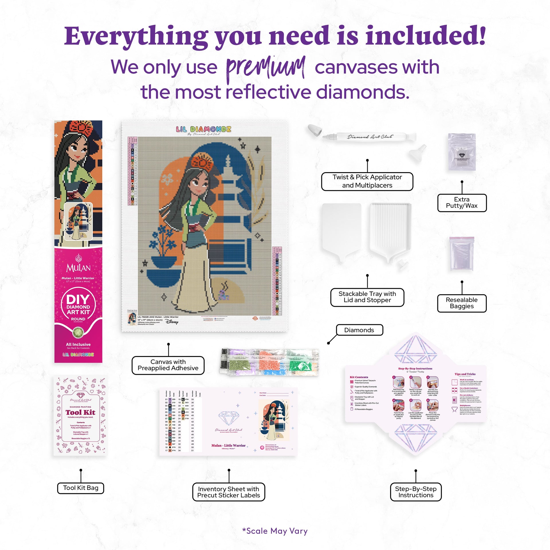 Diamond Painting Mulan - Little Warrior 13" x 17" (33cm x 44cm) / Round with 24 Colors including 1 AB and 1 Iridescent Diamond and 2 Fairy Dust Diamonds / 19,200