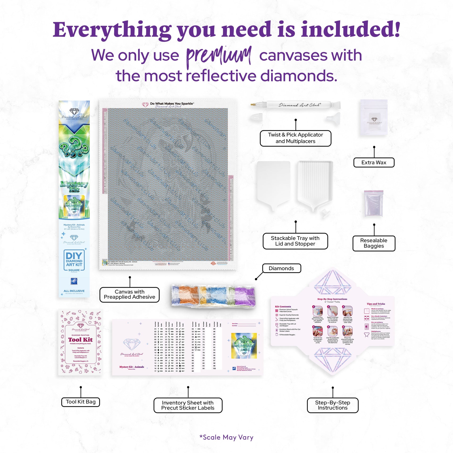 Diamond Painting Mystery Kit #83 - Animals 22" x 28" (55.8cm x 70.7cm) / Square with 60 Colors including 4 ABs and 4 Fairy Dust Diamonds / 63,616