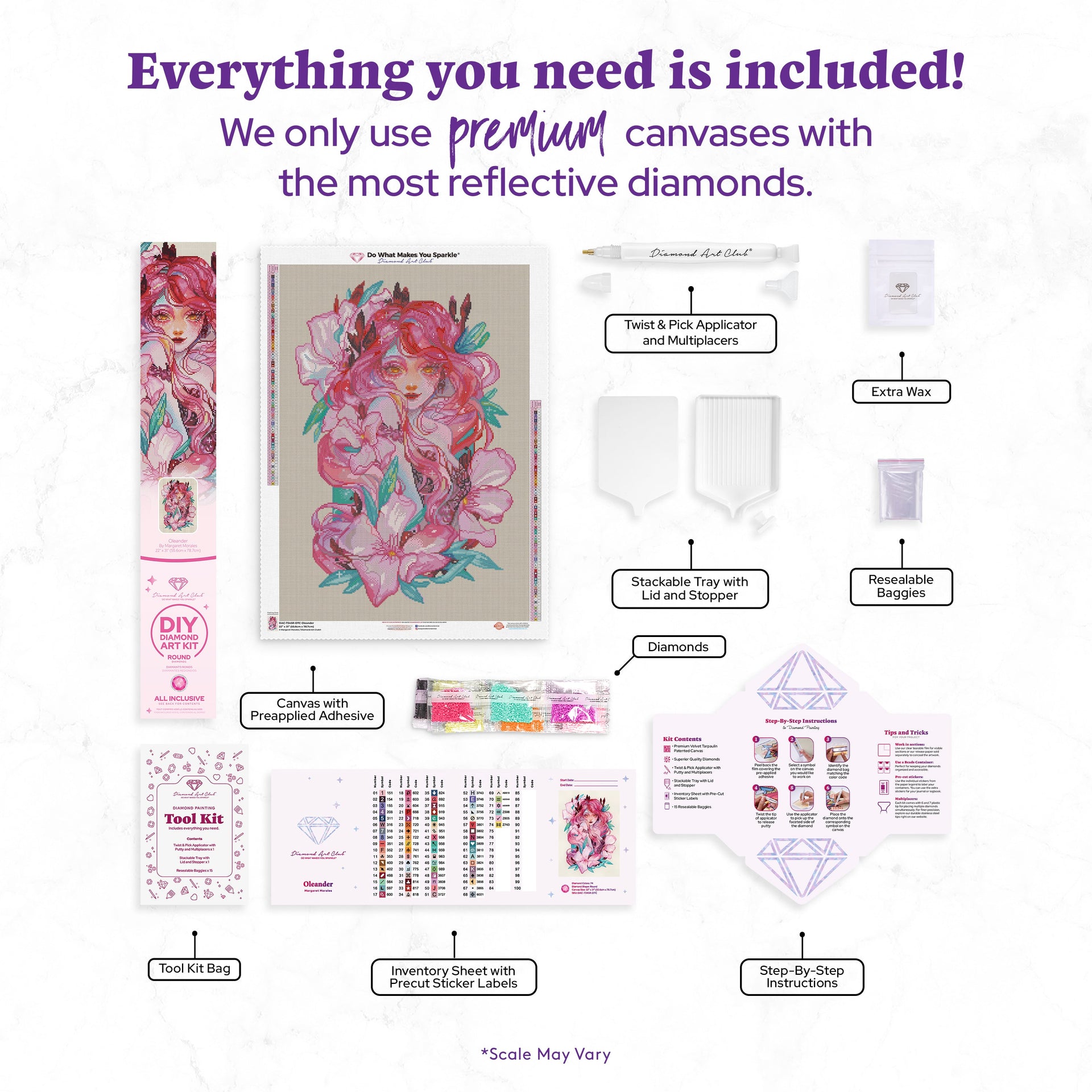 Diamond Painting Oleander 22" x 31" (55.6cm x 78.7cm) / Round with 74 Colors including 3 ABs and 3 Fairy Dust Diamonds / 57,772