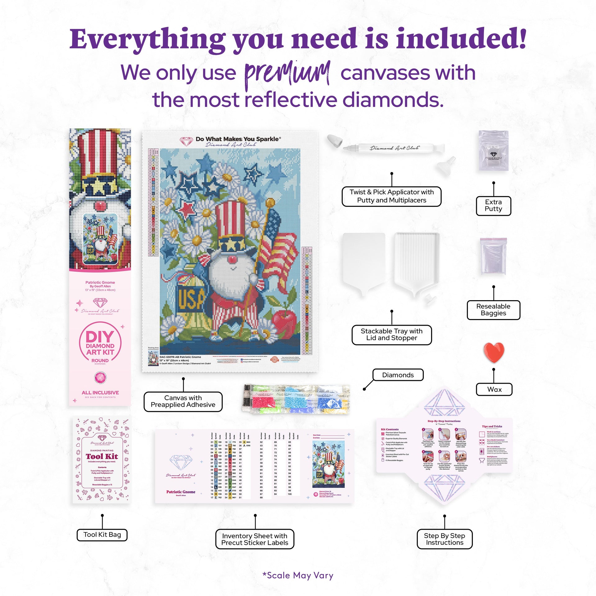 Diamond Painting Patriotic Gnome 13" x 19" (33cm x 48cm) / Round with 36 Colors including 4 ABs / 20,007