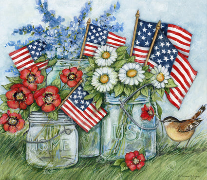 Diamond Painting Patriotic Jars with Flowers and Flags 25" x 22" (63.8cm x 55.6cm) / Round with 63 Colors including 1 AB and 4 Fairy Dust Diamonds / 46,864