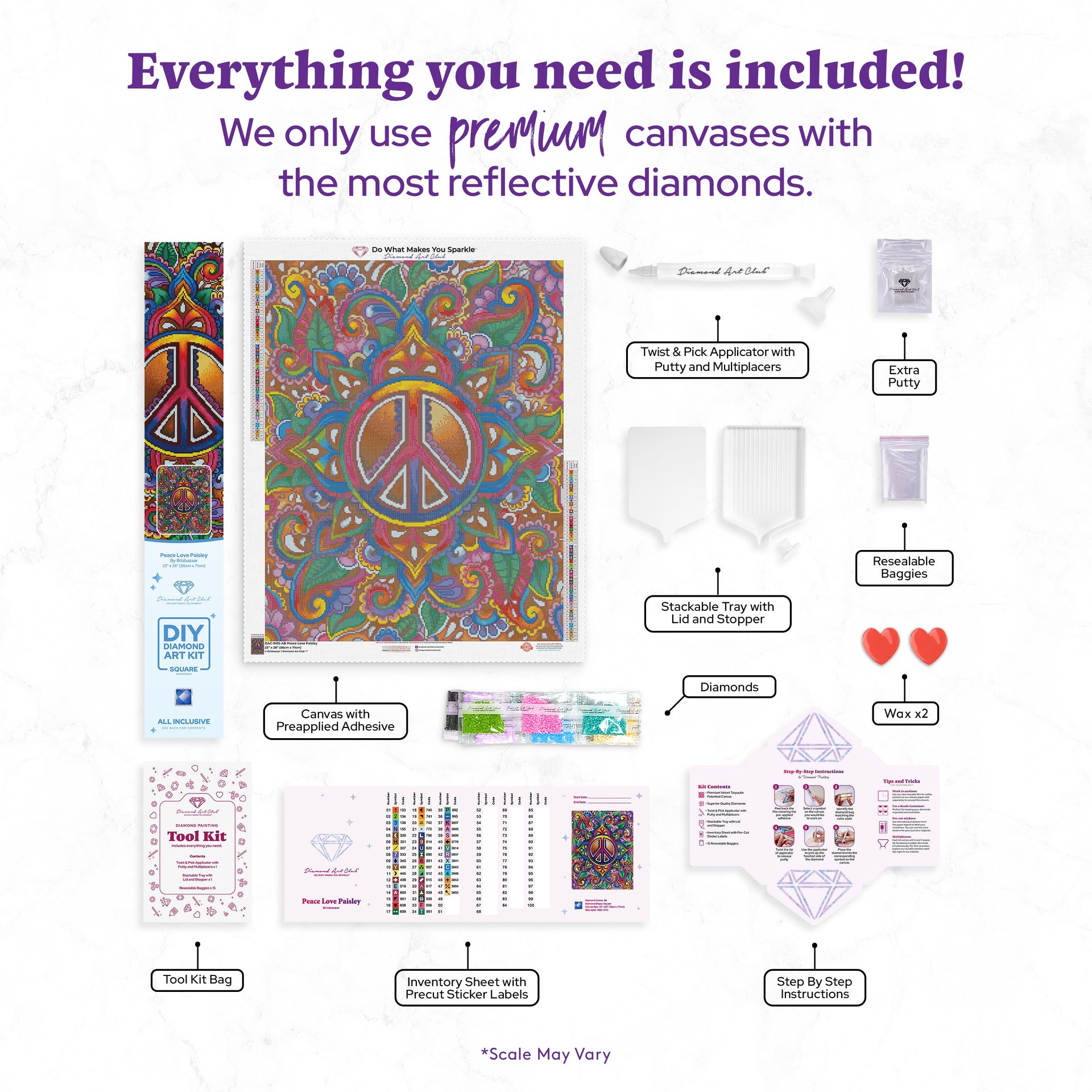 Diamond Painting Peace Love Paisley 22" x 28″ (56cm x 71cm) / Square with 48 Colors including 3 ABs / 62,603
